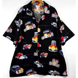 Matt Rider Hawaiian Shirt Men XXL Black Hot Rod Car Print Aloha USA Made Vintage